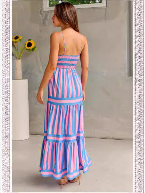 Vestido largo con tirantes estampado a rayas y bolsillos para mujer, vestidos con espalda descubierta y cuello cuadrado a la moda para vacaciones en la playa, ropa de verano