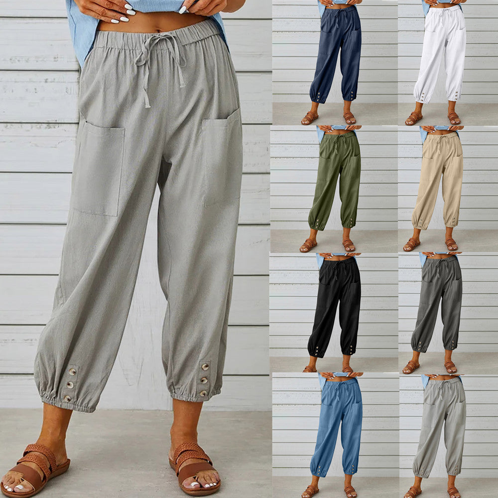 Pantalones con cordón y lazo para mujer, pantalones de algodón y lino para primavera y verano con botones y bolsillos