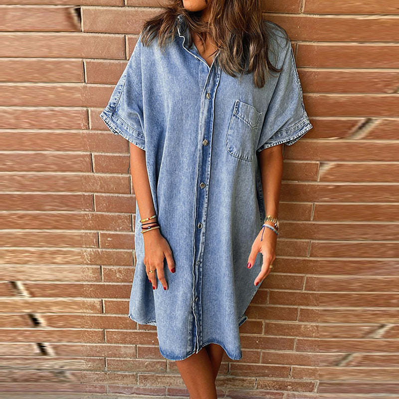 Robe en jean à manches courtes pour femmes, couleur unie, rangée unique, multi-boucles, jupe en jean