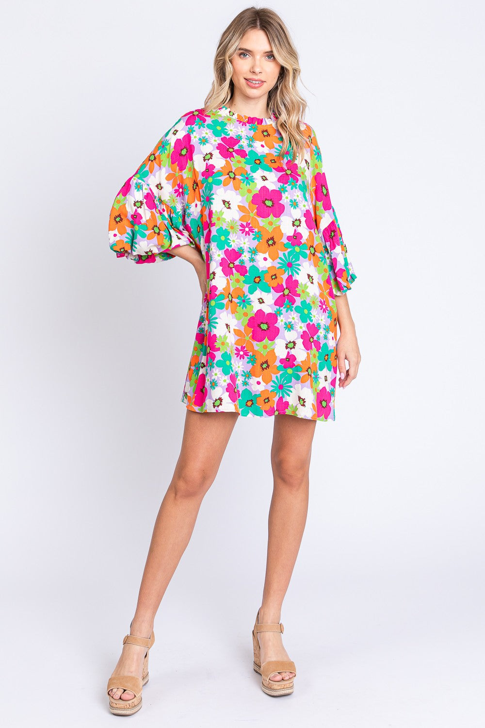 GeeGee Mini-robe florale pleine taille à col rond et manches lanternes