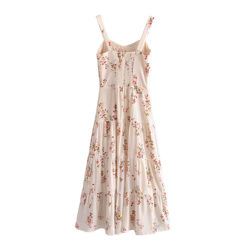 Robe à bretelles amincissante pour femmes, Style français, Vintage, petit imprimé Floral, taille haute, coupe cintrée