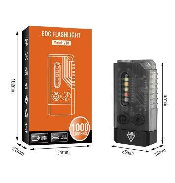 Lampe de poche porte-clés LED rechargeable V10, 1000 lumens, IPX4, mini EDC avec alarme sonore magnétique UV, idéale pour le camping, la randonnée, les urgences