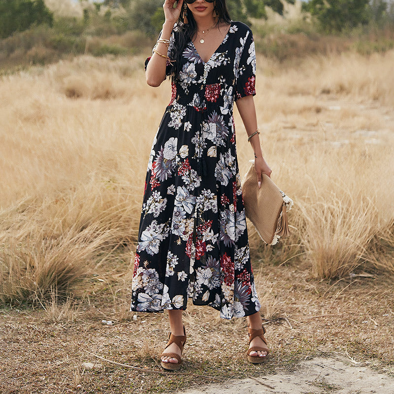 Robe de plage d'été florale avec col en V, robes à taille élastique pour femmes