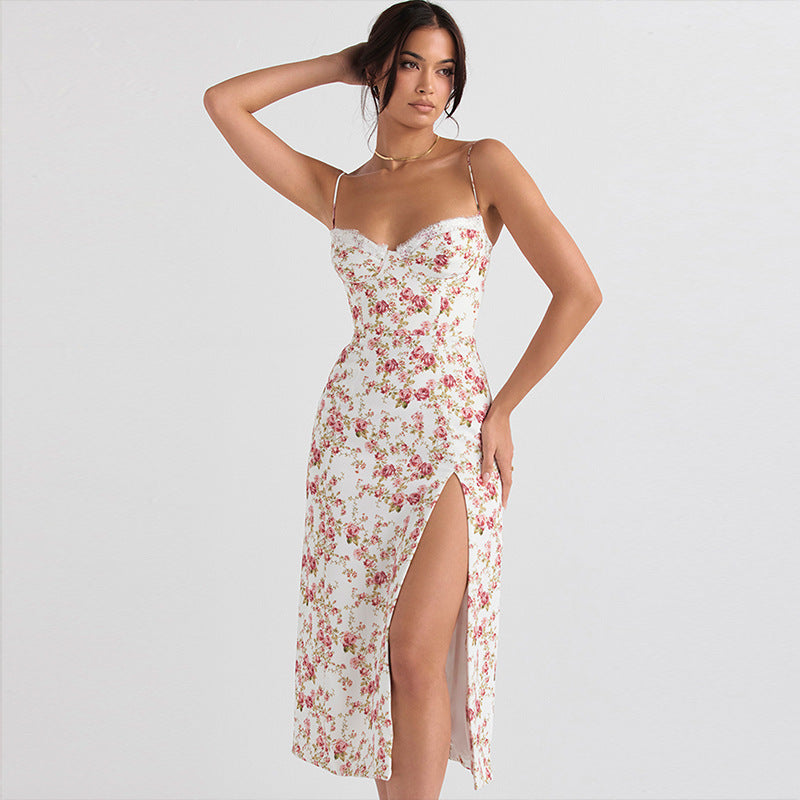 Vestido largo con estampado de flores de encaje, vestido Sexy con tirantes y abertura a la moda, ropa de verano para mujer