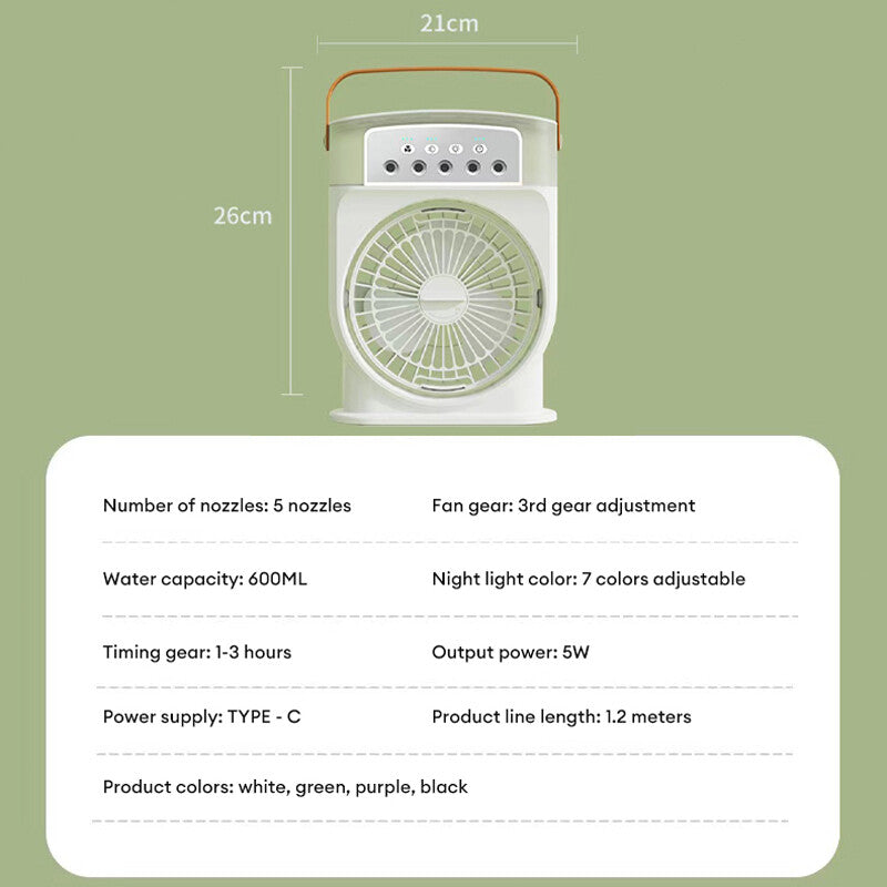 Ventilador de refrigeración de aire acondicionado USB portátil con 5 pulverizadores, luz de 7 colores, humidificadores enfriadores de aire con tanque de agua de 600ML