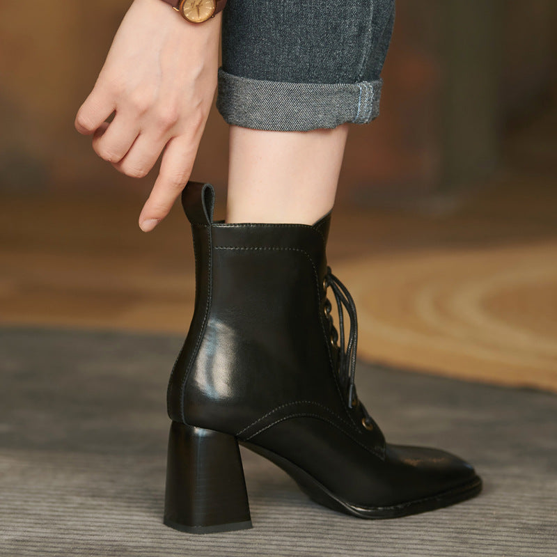 Botas de tacón alto para mujer, estilo británico, Retro, con cordones, cortas, simples, a la moda, otoño e invierno, 2022