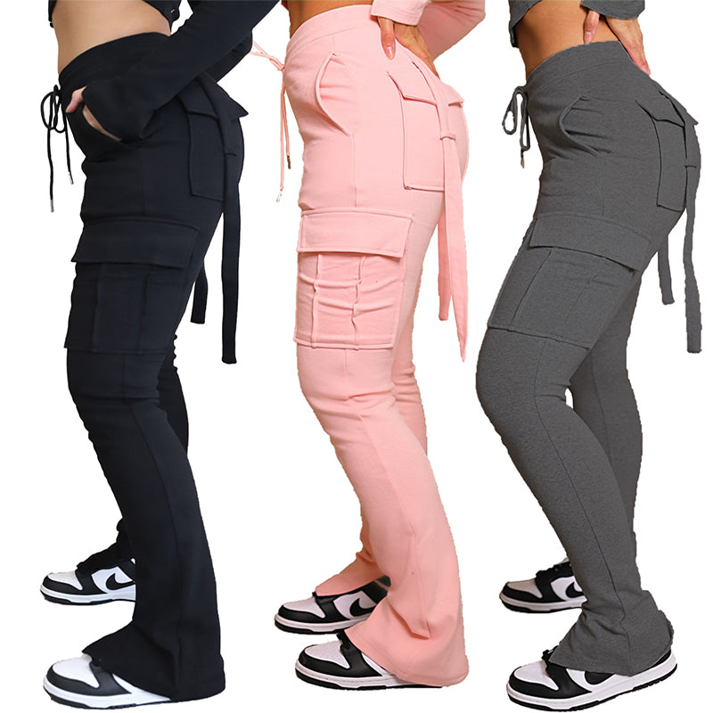 Pantalon Cargo avec poches, taille haute, cordon de serrage, jambes larges, droit, salopette pour femmes