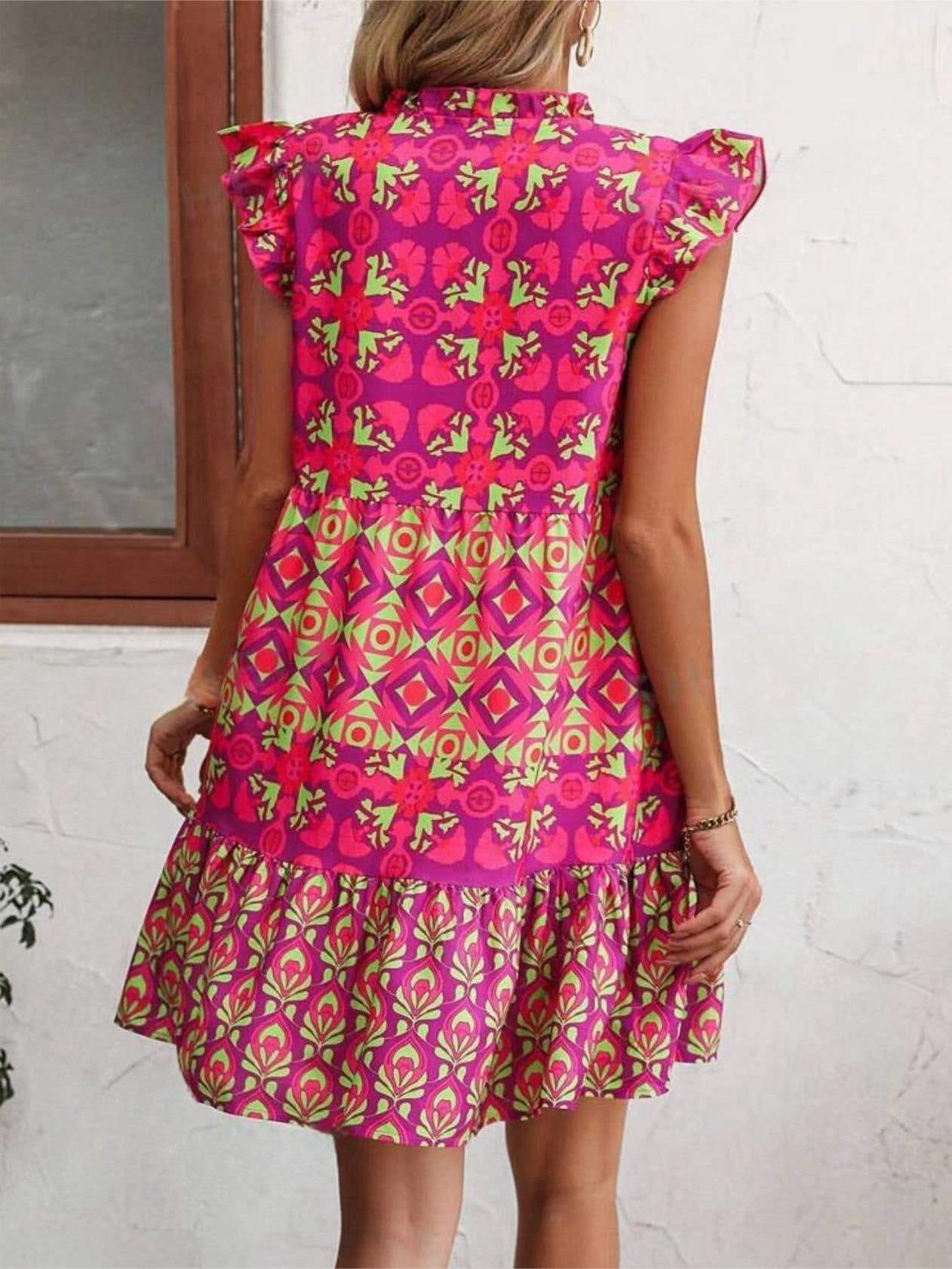 Printed Sleeveless Dress Summer Fashion V-Neck Lace-up Straight Dresses For Womens Clothing