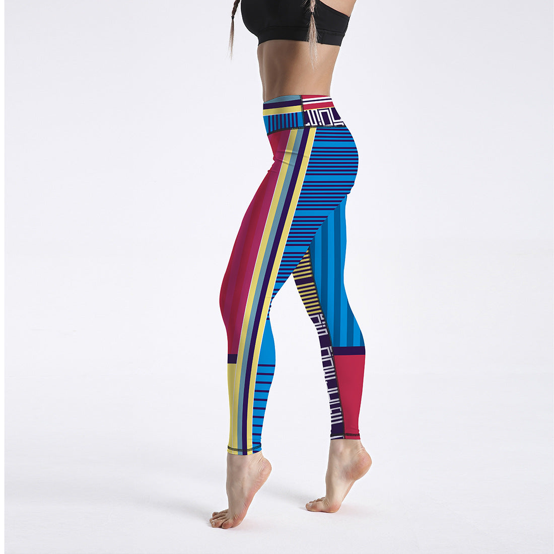 Colorful Striped Patchwork Printed High Waist Cropped Pants Sports Yoga Pants