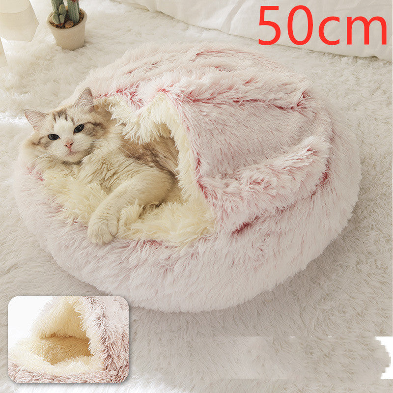 Lit d'hiver 2 en 1 pour chien et chat, lit rond en peluche chaud, maison douce et longue en peluche pour animaux de compagnie