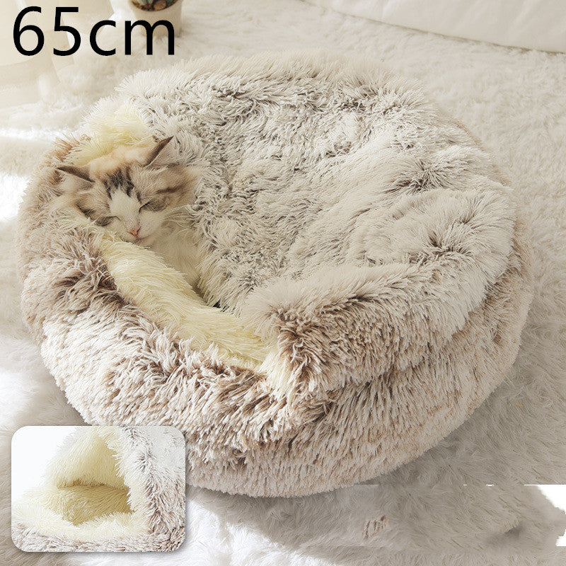 Lit d'hiver 2 en 1 pour chien et chat, lit rond en peluche chaud, maison douce et longue en peluche pour animaux de compagnie