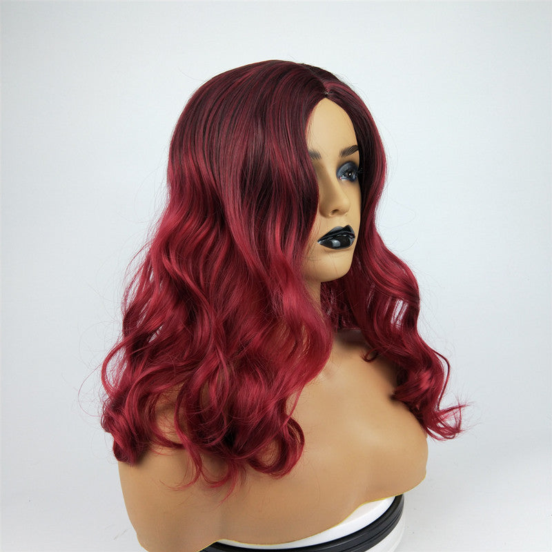 Wig Female Burgundy Long Curly Hair Big Wavy Gradient Color