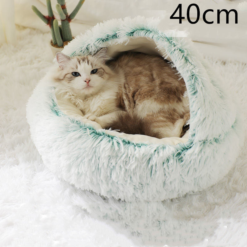 Lit d'hiver 2 en 1 pour chien et chat, lit rond en peluche chaud, maison douce et longue en peluche pour animaux de compagnie