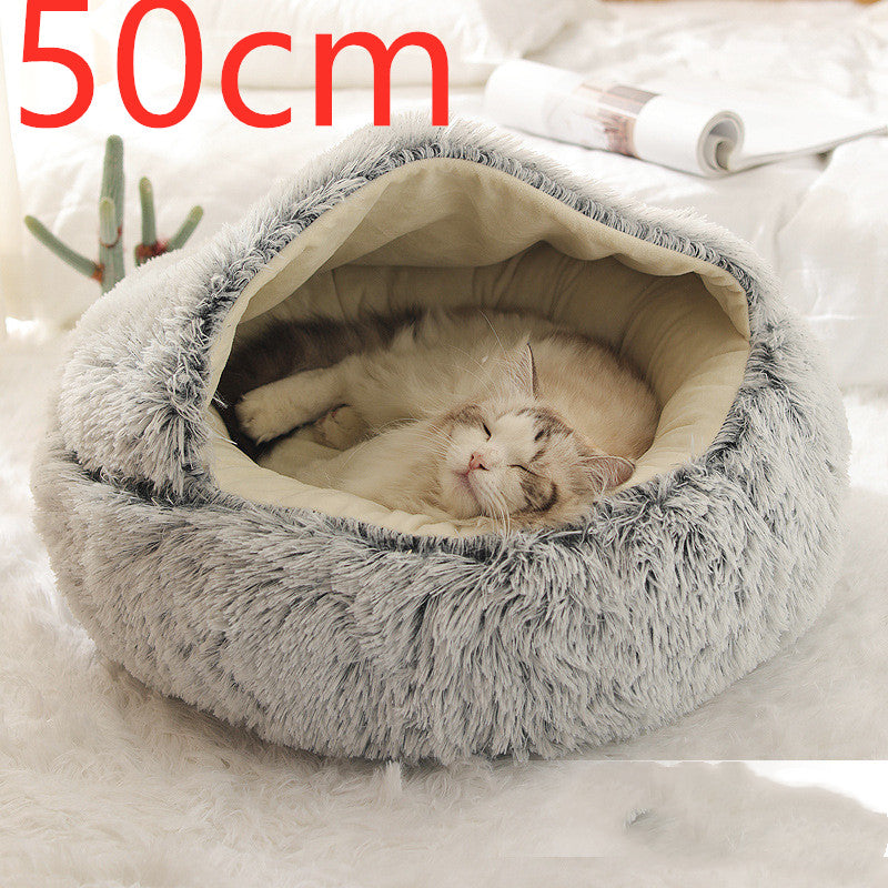 Lit d'hiver 2 en 1 pour chien et chat, lit rond en peluche chaud, maison douce et longue en peluche pour animaux de compagnie