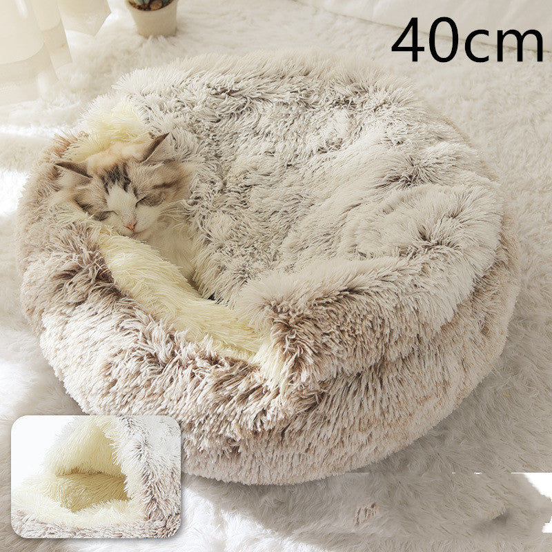 Lit d'hiver 2 en 1 pour chien et chat, lit rond en peluche chaud, maison douce et longue en peluche pour animaux de compagnie