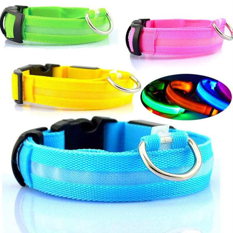 Collar luminoso LED de nailon para perros y mascotas, correa de seguridad nocturna intermitente que brilla en la oscuridad, suministros ajustables para perros y gatos