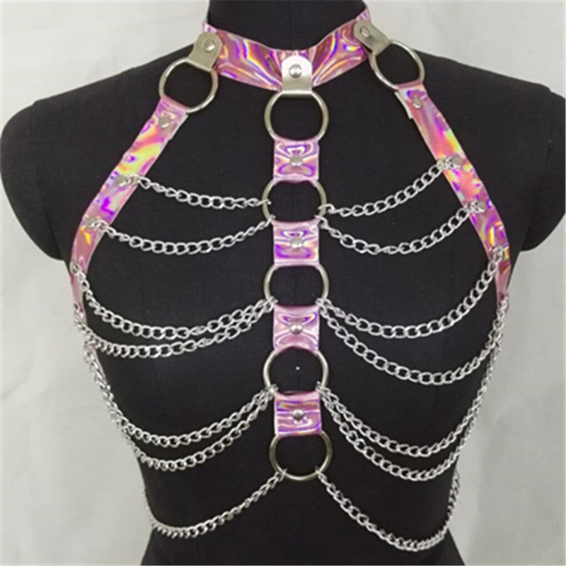 Arnés de cuerpo de Color Halter para mujer, cinturón de cadena para fiesta, traje de fiesta rave, ropa de discoteca, cinturón holográfico, Top gótico Pastel