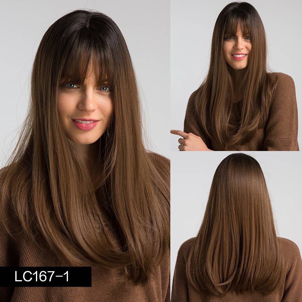 Cabello liso largo marrón degradado negro para mujer