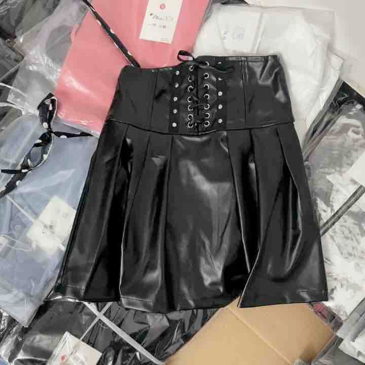 Black High Waist Small Leather Skirt Women's Cinched Pleated Split Skirt