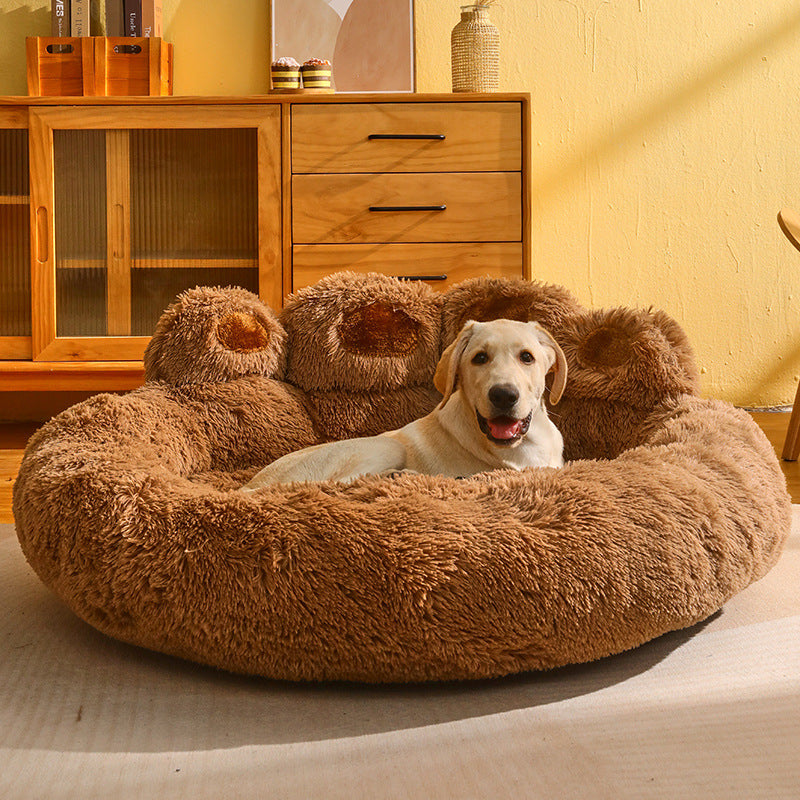 Cama para perros y gatos, estera redonda para mascotas grandes, casa larga de felpa para dormir profundo, cálida forma de pata de oso, cojín súper suave, camas tranquilas