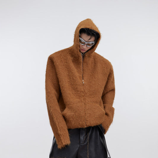 Cardigan tricoté à capuche en mohair épais pour hommes