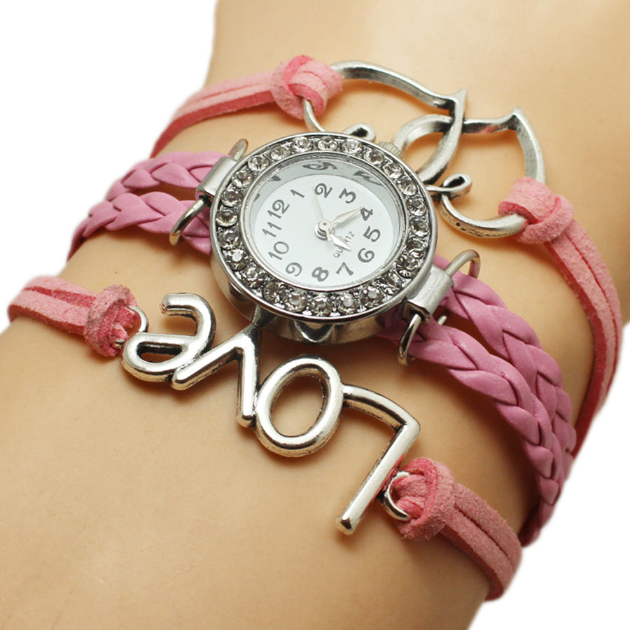 Reloj multicapa tejido Love en forma de corazón doble Alloy Love