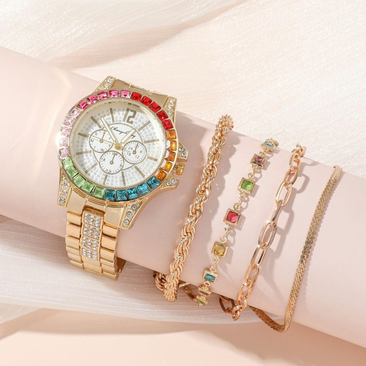 Reloj con correa de acero para mujer, con incrustaciones de diamantes de color, esfera especial, reloj de cuarzo para traje que combina con todo