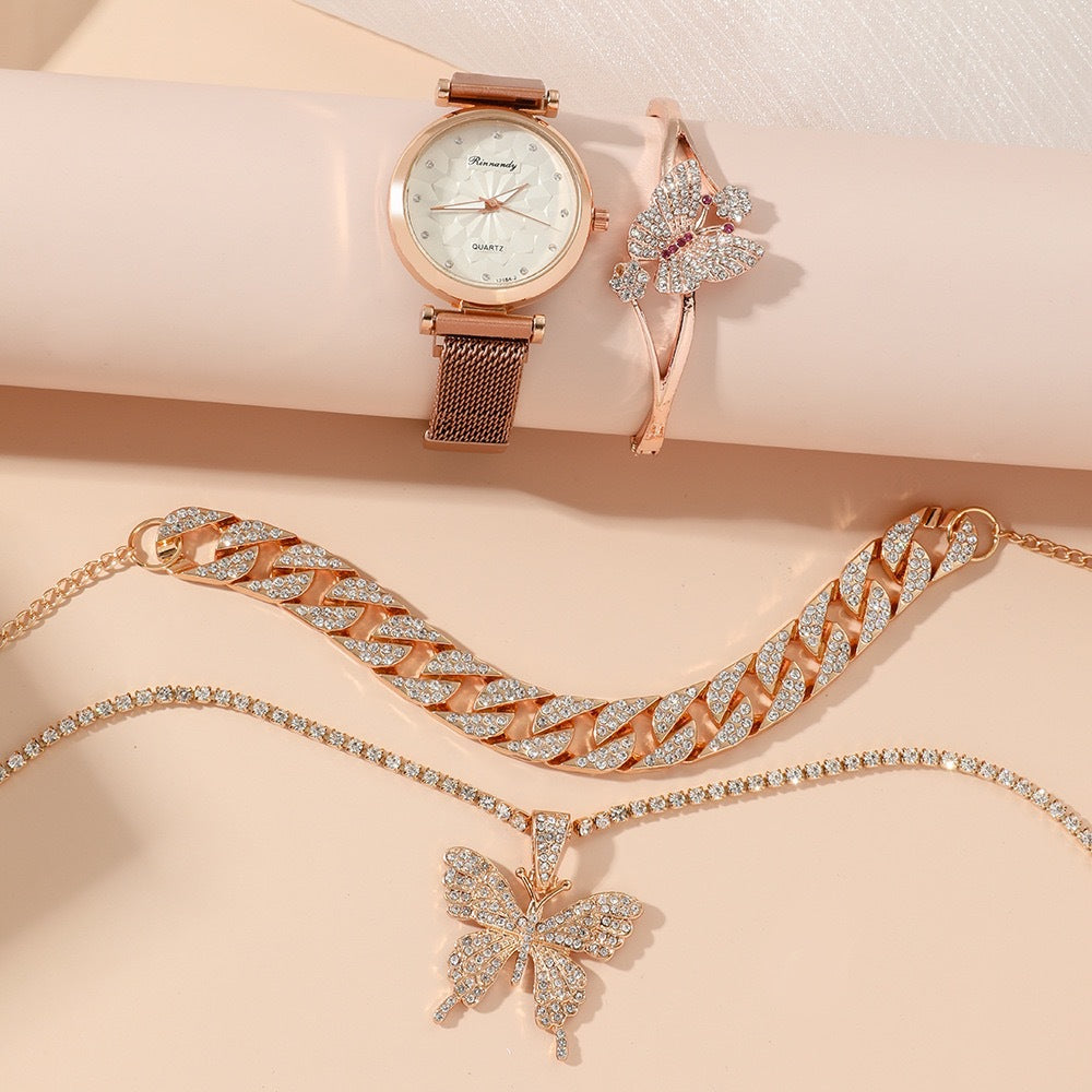 Montre-bracelet à quartz avec boîte-cadeau de cinq pièces pour femmes