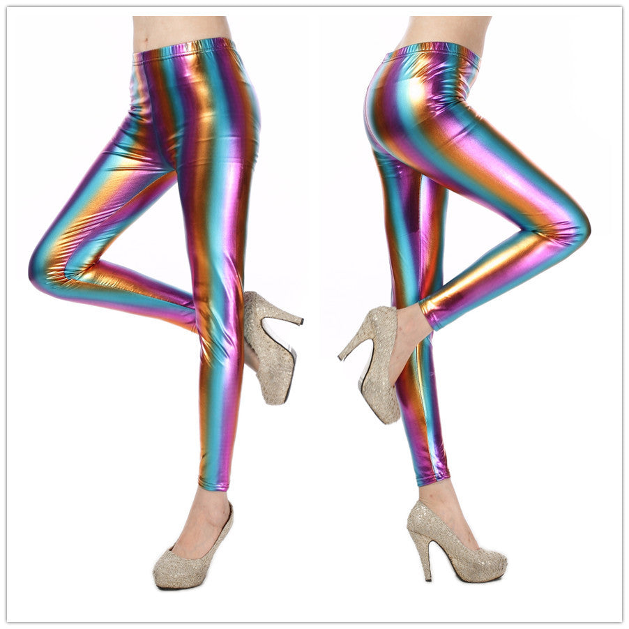 Legging en simili cuir dégradé métal pour femme Laser