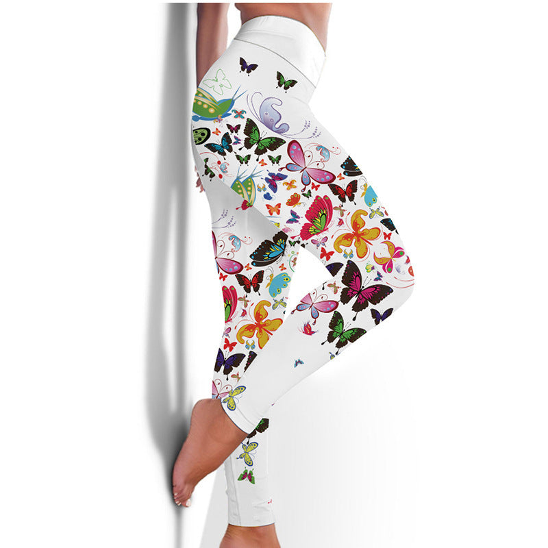 Leggings estampados de mariposas florales Pantalones de yoga delgados de cintura alta Leggings