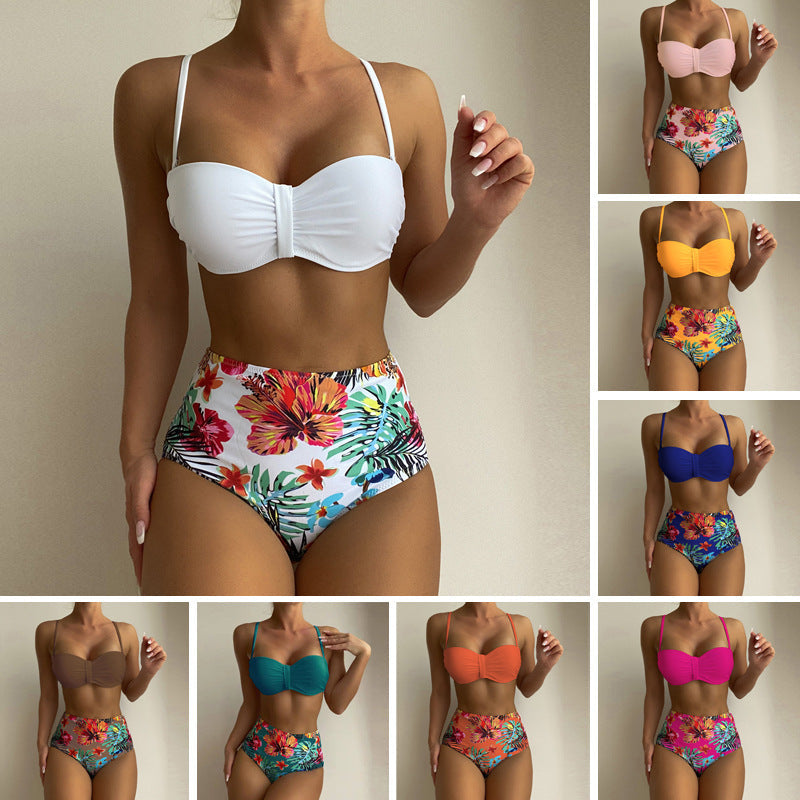 Maillot de bain 2 pièces bikini à bretelles spaghetti imprimé floral pour femme