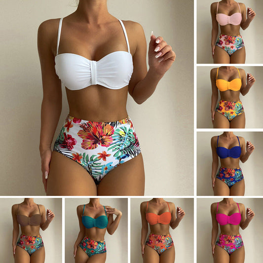 Maillot de bain 2 pièces bikini à bretelles spaghetti imprimé floral pour femme