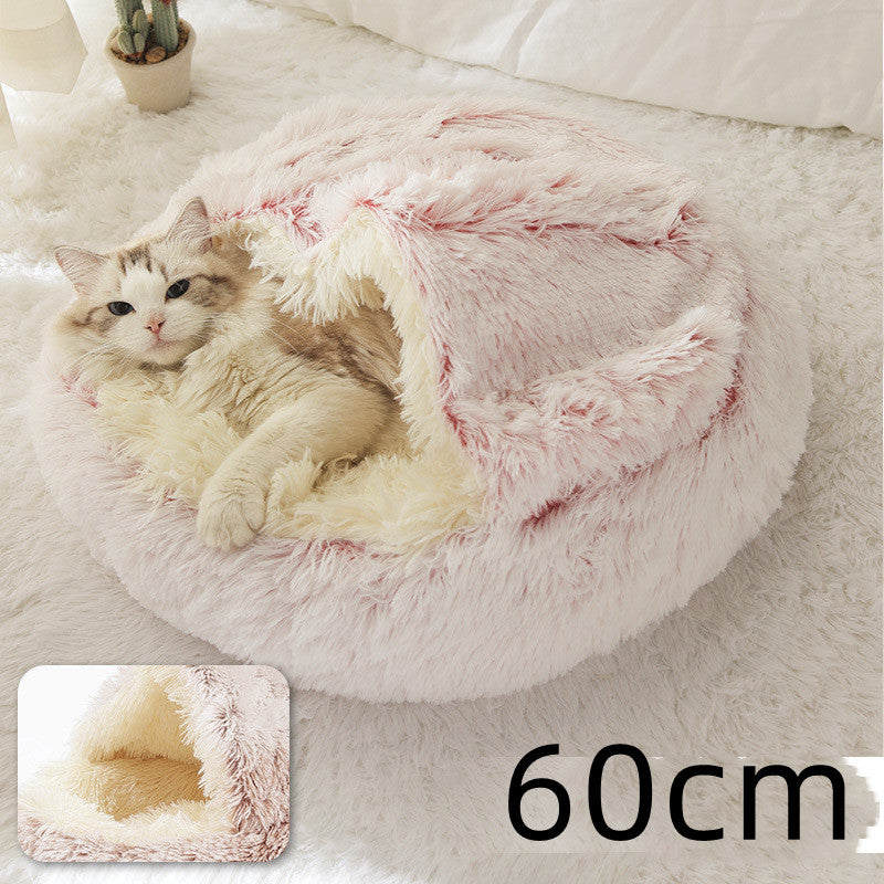 Lit d'hiver 2 en 1 pour chien et chat, lit rond en peluche chaud, maison douce et longue en peluche pour animaux de compagnie