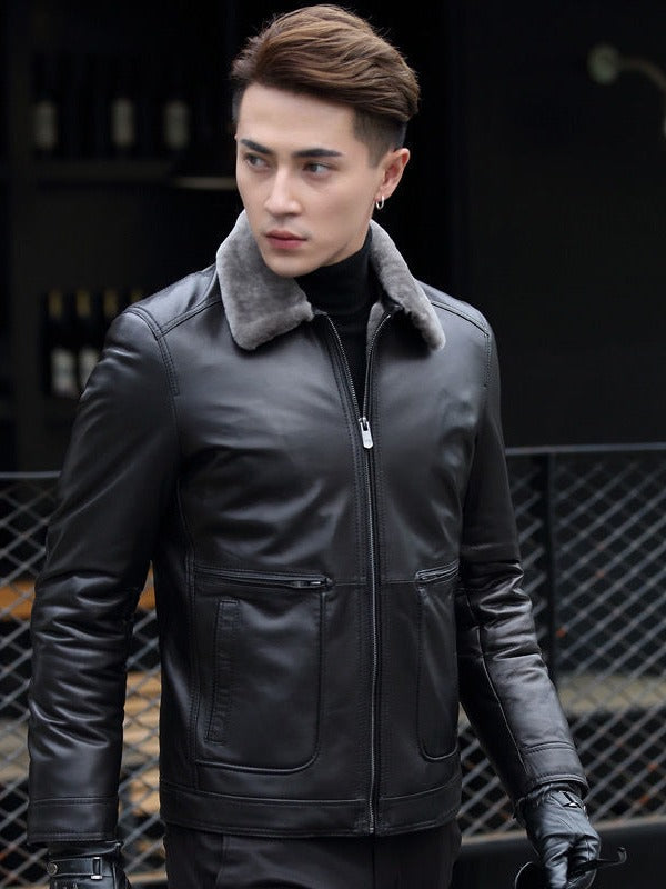 Chaqueta de motociclista elegante corta de cuero para hombre Abrigo engrosado