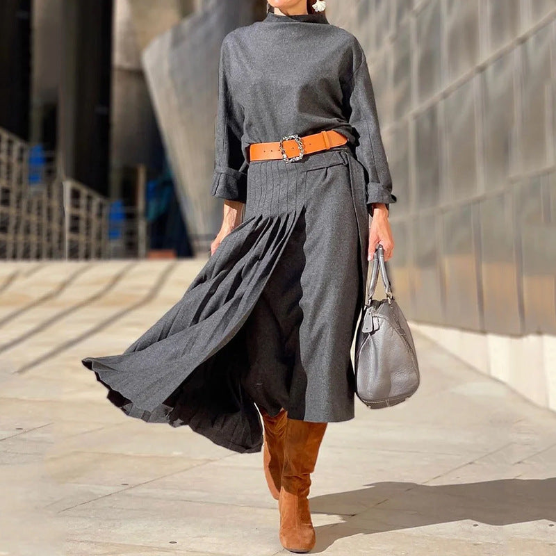 Vestido de color sólido suelto de manga larga de otoño para mujer