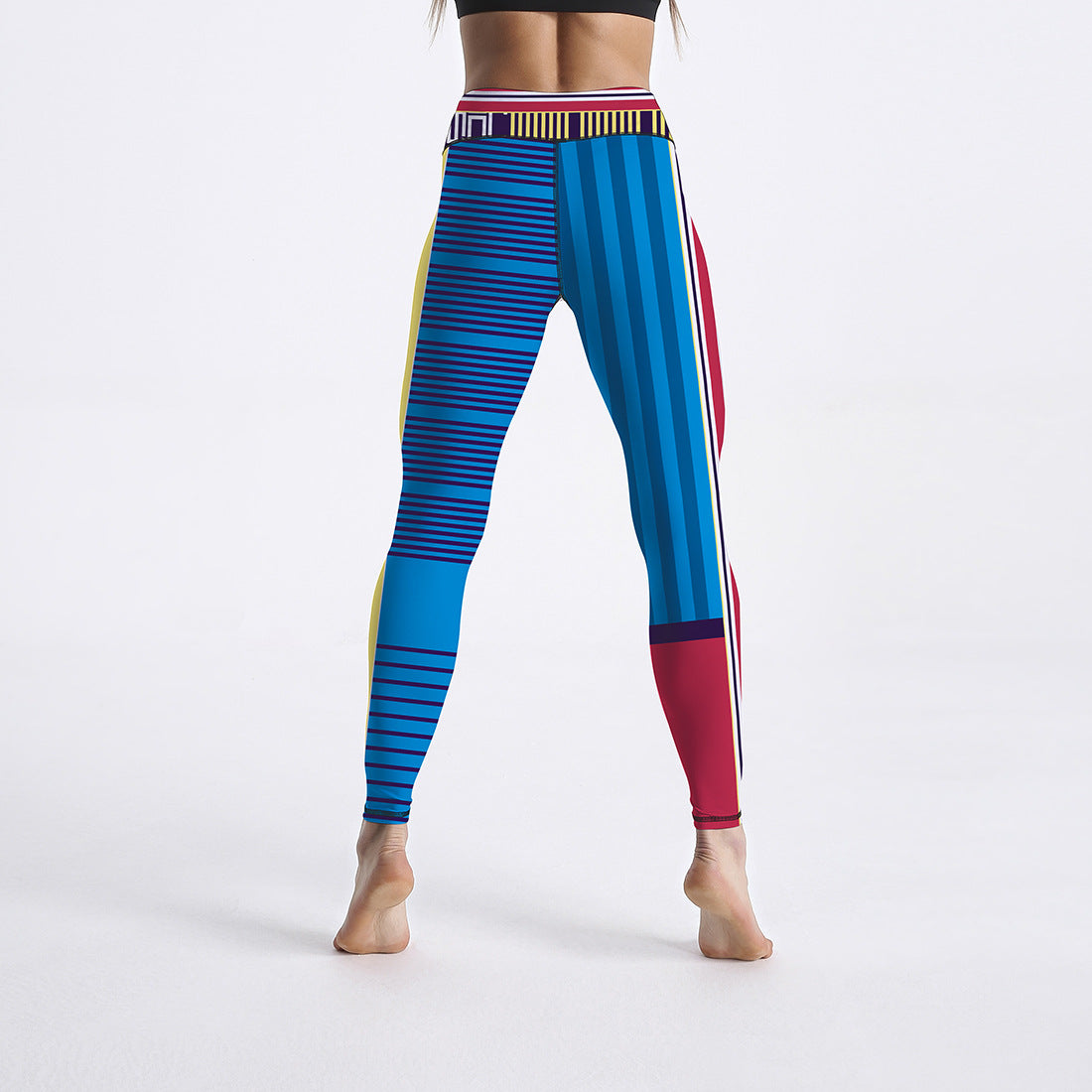 Colorful Striped Patchwork Printed High Waist Cropped Pants Sports Yoga Pants