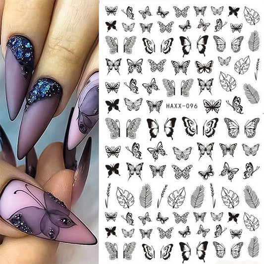 Pegatinas De Uñas De Mariposa Negra Calcomanías Adhesivo De Flor Blanca Manicura