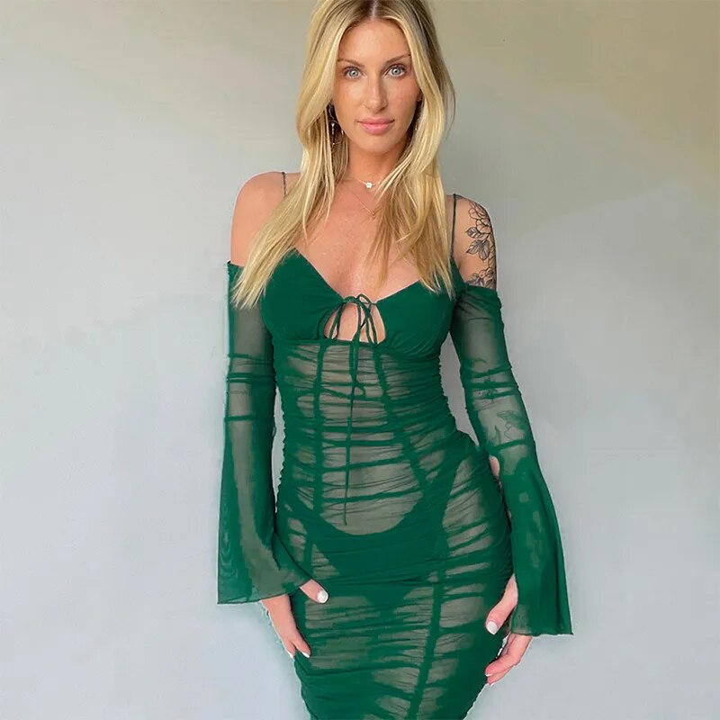 Cold Shoulder Flared Long Sleeve Mesh Dress Sexy Transparent Bodycon Maxi Dress Ruched Long Going Out Party Dress Women