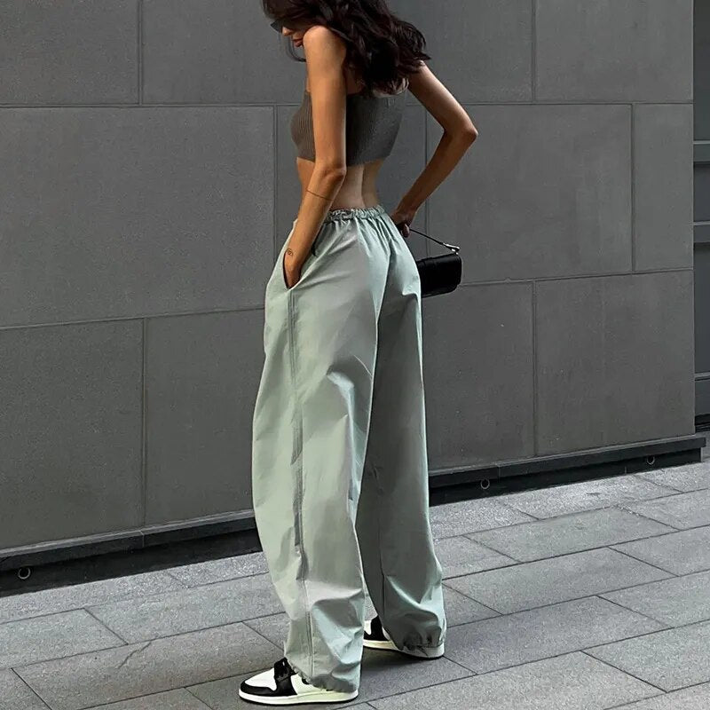 DGLUKE Plain Parachute Pants Y2K Streetwear Drawstring Waist Loose Sweatpants Casual Wide Leg Baggy Trousers