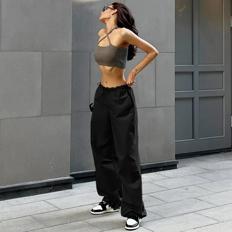 DGLUKE Plain Parachute Pants Y2K Streetwear Drawstring Waist Loose Sweatpants Casual Wide Leg Baggy Trousers