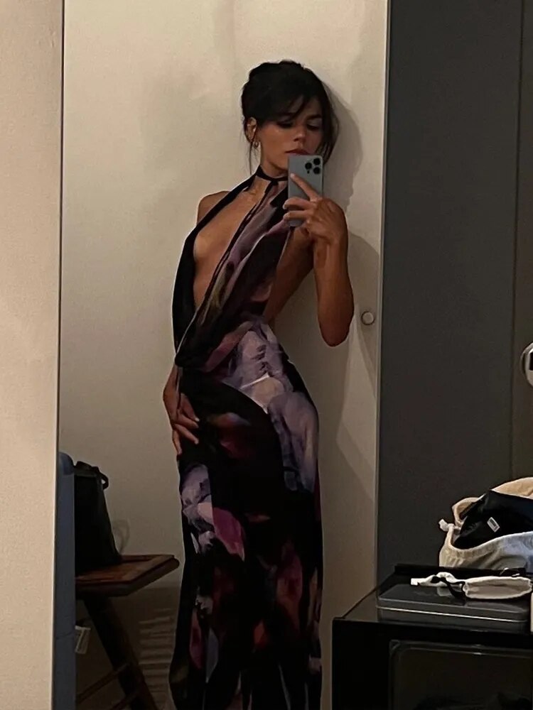 Robe Maxi dos nu pour femmes, Sexy, imprimé violet, moulante, col licou, tenues de plage, élégante, sans manches, robe de soirée, Club, été, 2022