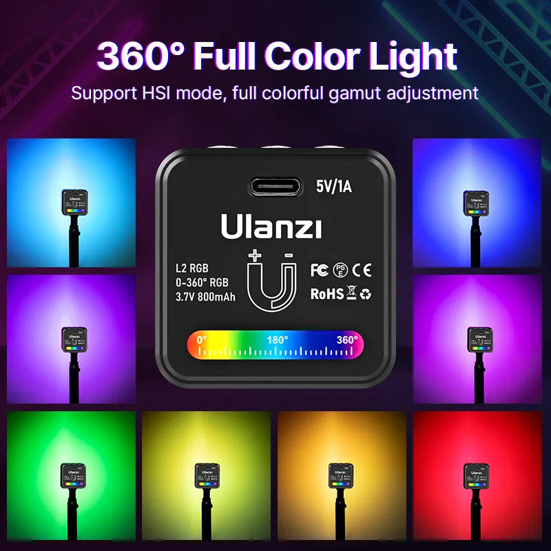 Ulanzi L2 RGB Mini COB caméra vidéo lumière variable 360 ​​° lumière couleur avec diffuseur nid d'abeille photographie pour appareil photo reflex numérique