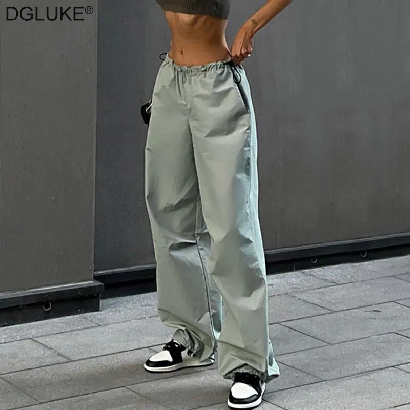 DGLUKE Plain Parachute Pants Y2K Streetwear Drawstring Waist Loose Sweatpants Casual Wide Leg Baggy Trousers