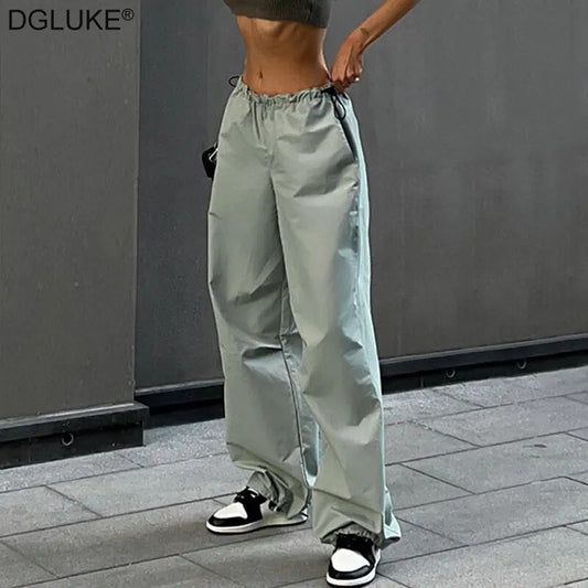 DGLUKE Plain Parachute Pants Y2K Streetwear Drawstring Waist Loose Sweatpants Casual Wide Leg Baggy Trousers