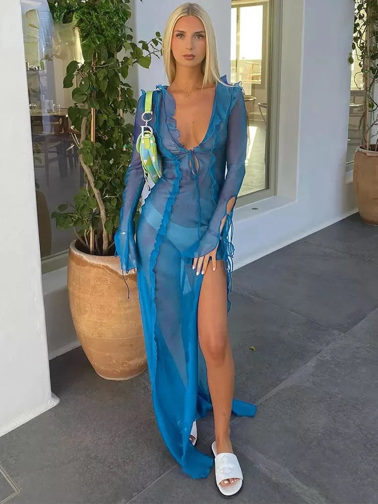 Vestido playero de verano para mujer, vestido largo elegante con volantes, ajustado, Sexy, azul, manga larga, vestido de fiesta de noche, trajes de Club 2022