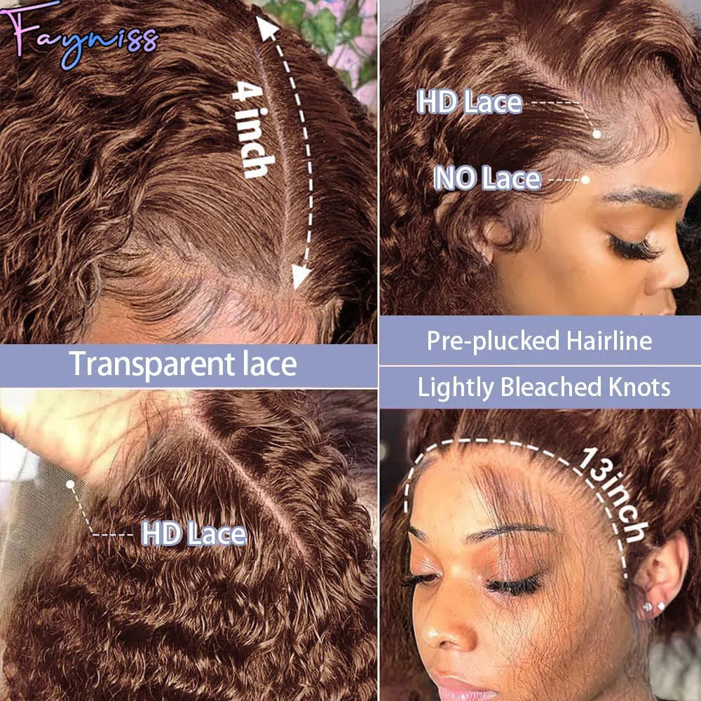 Pelucas frontales de encaje transparente HD con ondas de agua, color marrón Chocolate, cabello humano ondulado profundo, pelucas frontales de encaje 13x4, cabello brasileño prearrancado