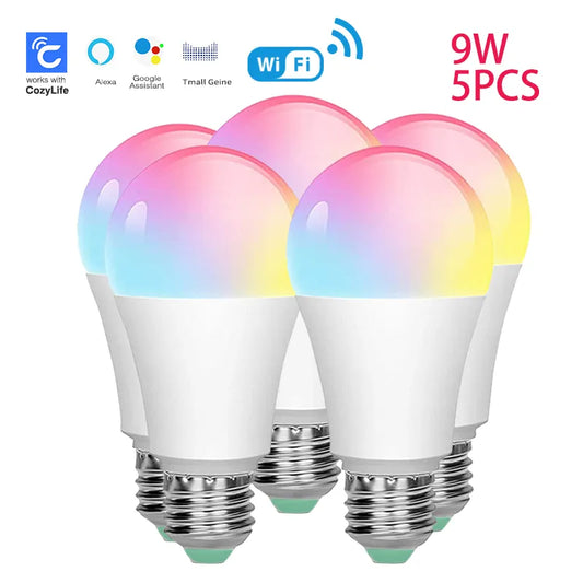 SIXWGH E27 bombilla WiFi 9W lámpara RGB inteligente función de temporizador regulable para el hogar aplicación Cozylife Cotrol compatible con Google Home Alexa