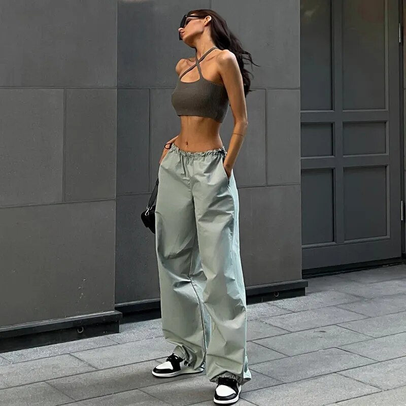 DGLUKE Plain Parachute Pants Y2K Streetwear Drawstring Waist Loose Sweatpants Casual Wide Leg Baggy Trousers