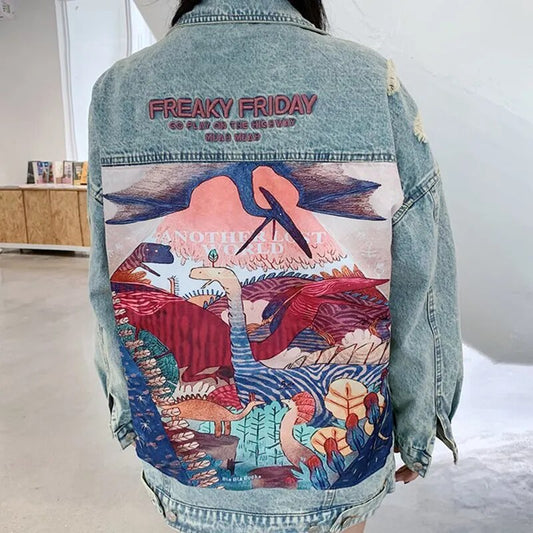 2023 New Fashion Dinosaurs Cartoon Print Long Denim Jacket Femme Coat Women Vintage Streetwear Style Loose Jean Jacket