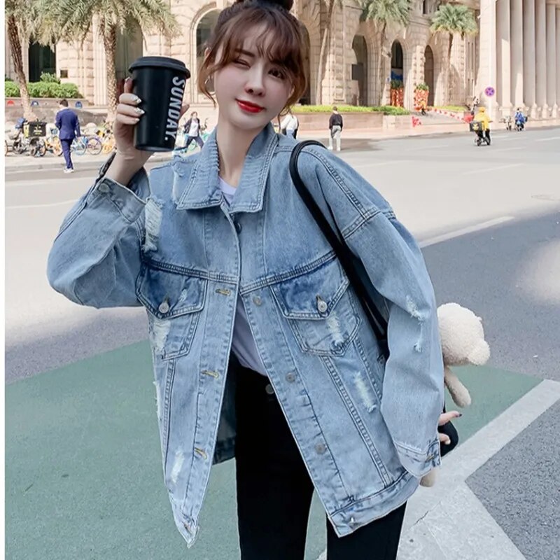 2023 New Fashion Dinosaurs Cartoon Print Long Denim Jacket Femme Coat Women Vintage Streetwear Style Loose Jean Jacket